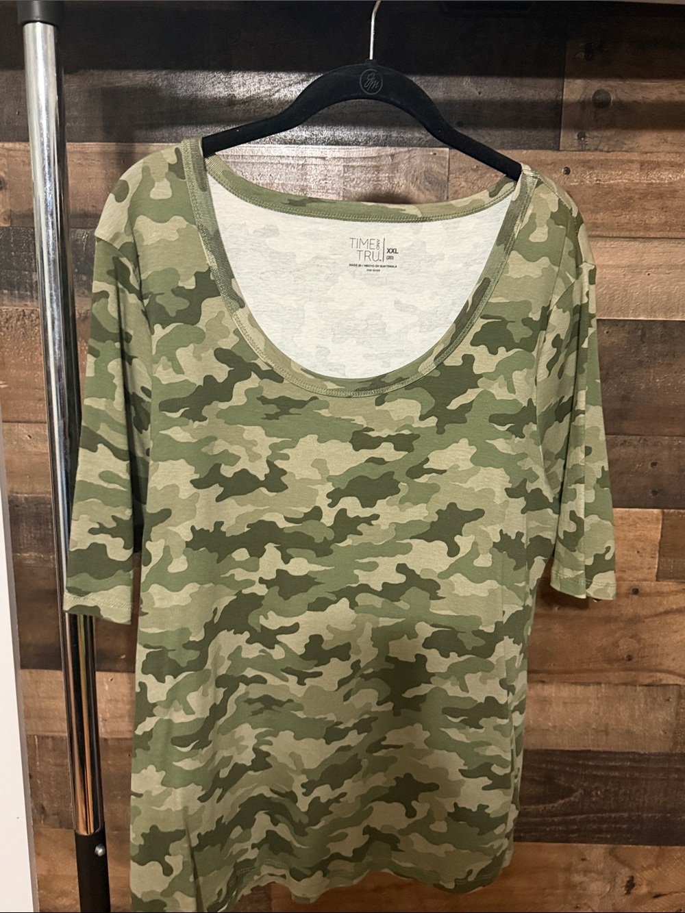 Time and Tru Olive and Khaki Camo Scoop Neck Tee